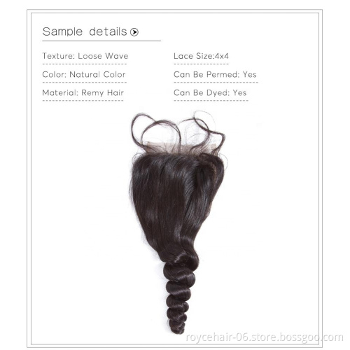 Brazilian Raw Cuticle Aligned Virgin Unprocessed Human Mink Remy Hair Natural Hairline Loose Wave 4x4 Lace Closure